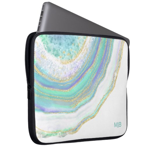 Aqua Lila Agate Marmormuster und Monogramm Laptopschutzhülle (Vorne Rechts)
