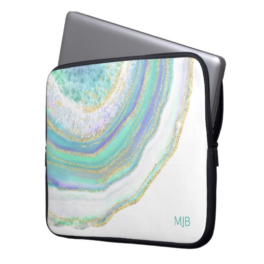 Aqua Lila Agate Marmormuster und Monogramm Laptopschutzhülle (Vorderseite Links)