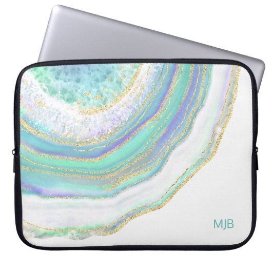 Aqua Lila Agate Marmormuster und Monogramm Laptopschutzhülle (Vorderseite)