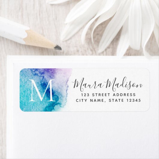 Aqua lila Aquarell-Monogramm-Rücksendeadresse (Insitu)
