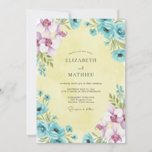 Aqua-Lila-Blüten-Hochzeit Einladung