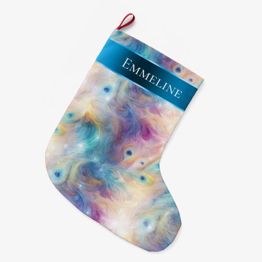 Aqua Lila Floral Peacock Feathers Weihnachten Großer Weihnachtsstrumpf (Vorderansicht (hängend))