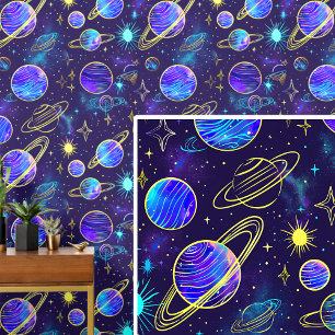 Aqua Lila Gold Planet in Dark Blue Sky Tapete