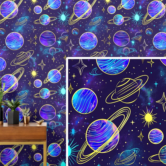 Aqua Lila Gold Planet in Dark Blue Sky Tapete (Von Creator hochgeladen)
