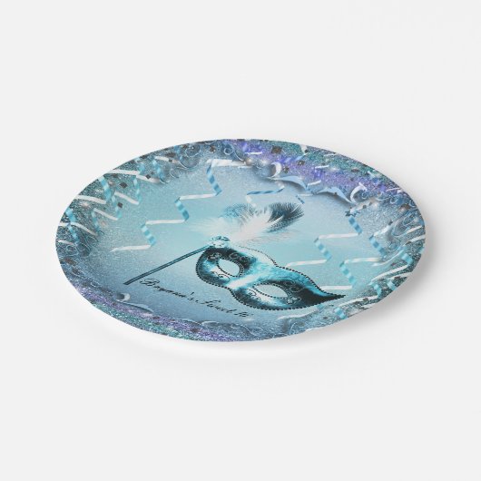 Aqua & Lila Masquerade Maske Elegantes Ball Party Pappteller (Schrägansicht)