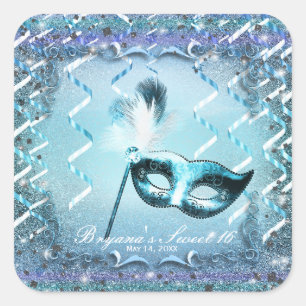 Aqua & Lila Masquerade Maske Elegantes Ball Party Quadratischer Aufkleber