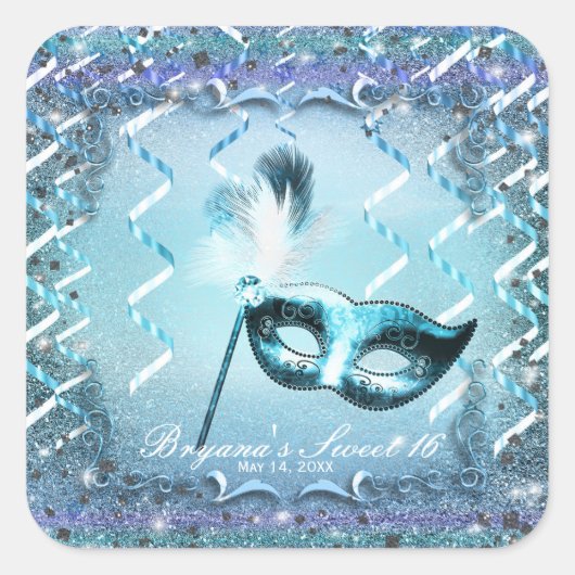 Aqua & Lila Masquerade Maske Elegantes Ball Party Quadratischer Aufkleber (Vorderseite)