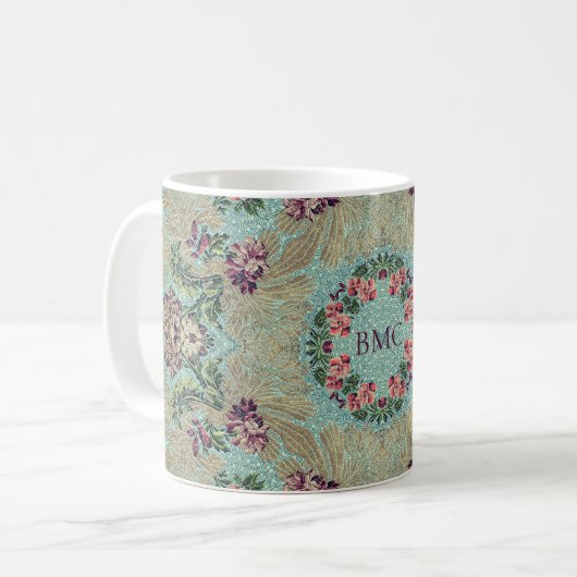 Aqua Lila Pink Floral Imitate Lampas Brocade Kaffeetasse (Vorderseite Links)