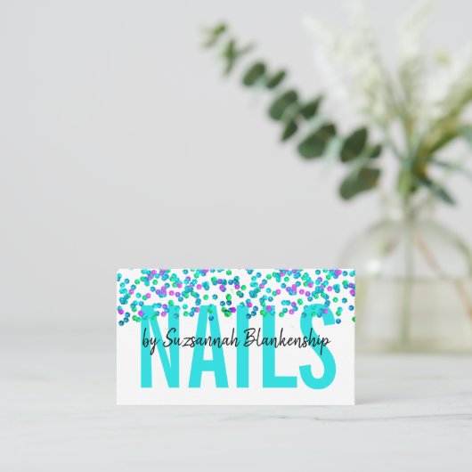 Aqua Lila Sequins Large Text NAILS Custom Visitenkarte (Stehend Vorderseite)