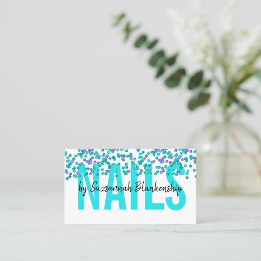Aqua Lila Sequins Large Text NAILS QR Code Visitenkarte (Stehend Vorderseite)