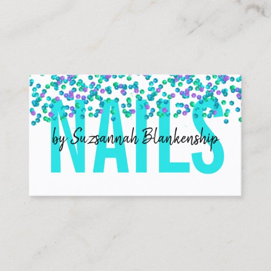 Aqua Lila Sequins Large Text NAILS QR Code Visitenkarte (Vorderseite)