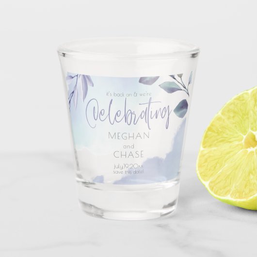 Aqua Lilac Blätter Save the Date Schnapsglas (Vorderseite)