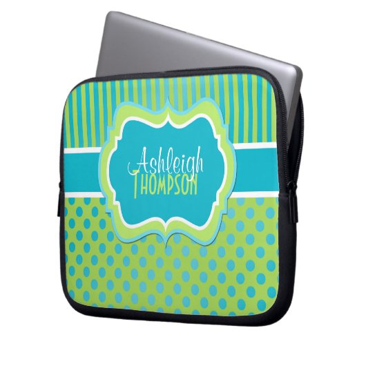 Aqua Limoner weißer Polka Dot Streifen Laptop-Sieb Laptopschutzhülle (Vorderseite Links)