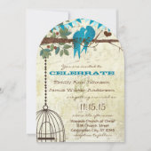 Aqua Love Vögel sitzen in einem Baum Hochzeitsempf Einladung (Vorderseite)