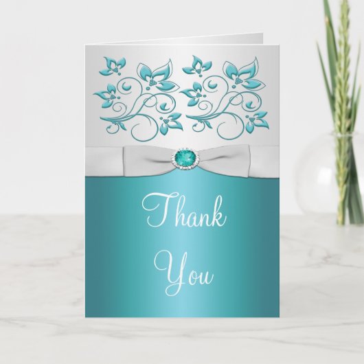 Aqua-marine and Silver Floral Thank You Card Dankeskarte (Vorderseite)