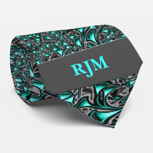 Aqua Marine und Holzkohle Paisley mit Monogram Krawatte (Gerollt)