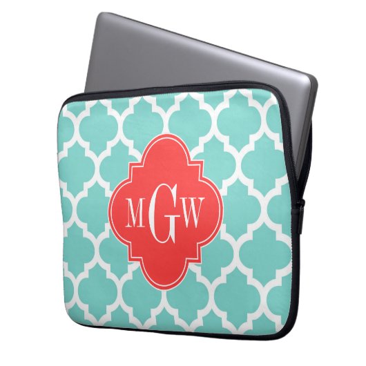 Aqua marokkanisch #5 Coral Red 3 Initial Monogram Laptopschutzhülle (Vorderseite Links)
