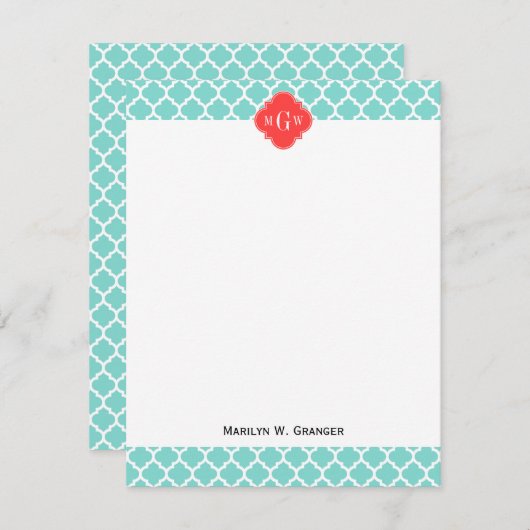 Aqua marokkanisch #5 Coral Red 3 Initial Monogram Mitteilungskarte (Vorne/Hinten)