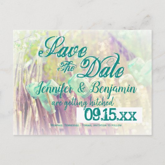 Aqua Mason Jars Fence Post Save the Date Postkarte (Vorderseite)