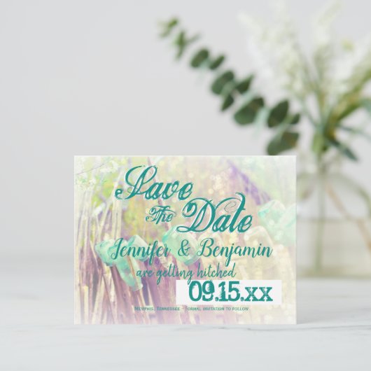 Aqua Mason Jars Fence Post Save the Date Postkarte (Stehend Vorderseite)