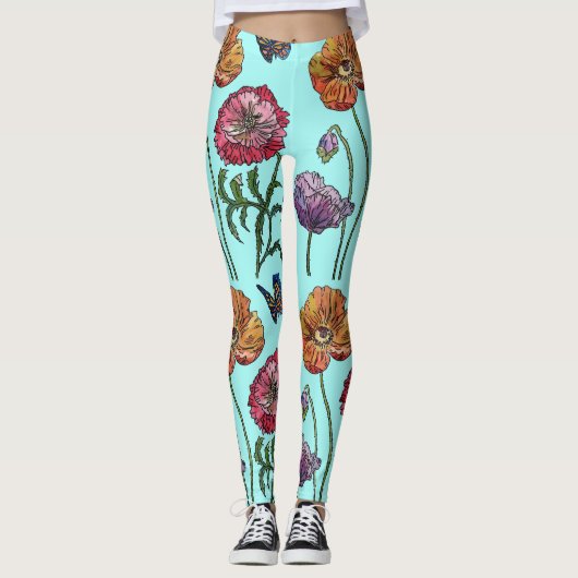 Aqua Medium Poppy Floral Leggings (Vorderseite)