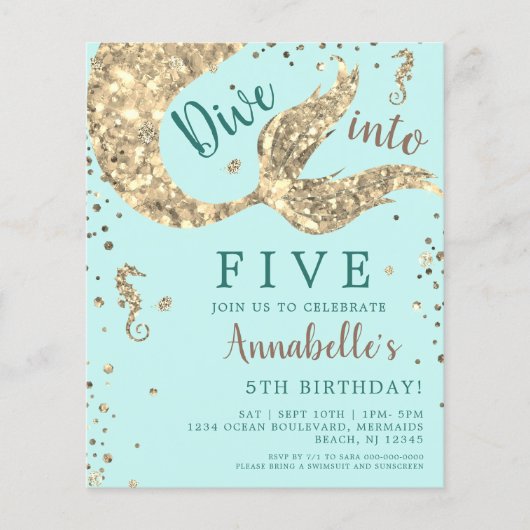 Aqua Mermaid 5. Geburtstag Einladung (Vorderseite)