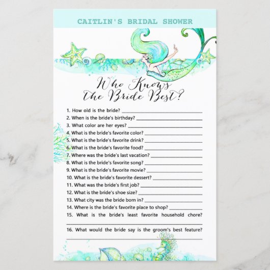 Aqua Mermaid Brautparty Game (Vorderseite)