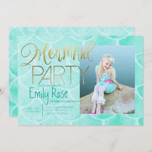 Aqua Mermaid Party | Unterhalb des Fotos Einladung (Vorne/Hinten)