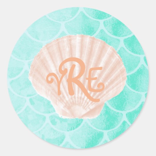 Aqua Mermaid Scales | Seashell Monogram Runder Aufkleber (Vorderseite)