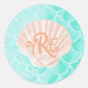 Aqua Mermaid Scales   Seashell Monogram Runder Aufkleber