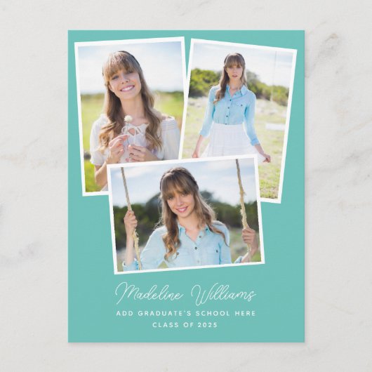 Aqua Minimalistisch Script Multi Foto Abschluss Postkarte (Vorderseite)