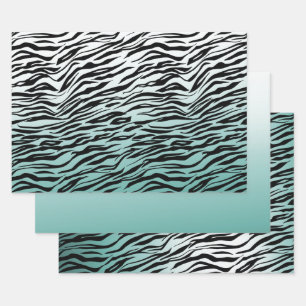 Aqua Mint Black Zebra Print Ombre Geschenkpapier Set