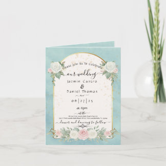 Aqua Mint  Florale Goldene Bogen Hochzeit Einladung
