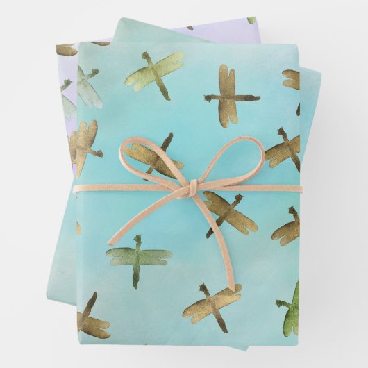 Aqua Mint Gold Dragonfis Wasserfarbe Geschenkpapier Set (Beispiel)
