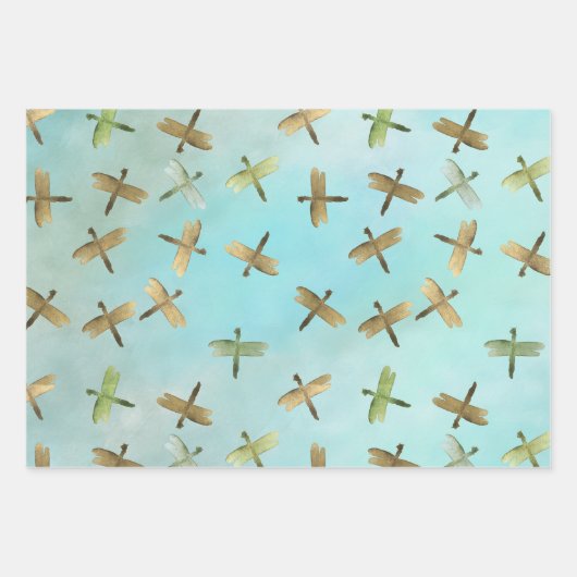 Aqua Mint Gold Dragonfis Wasserfarbe Geschenkpapier Set (Vorderseite)