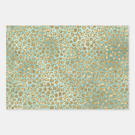 Aqua Mint Gold Glitz Glitzer Leopard Geschenkpapier Set (Vorderseite)