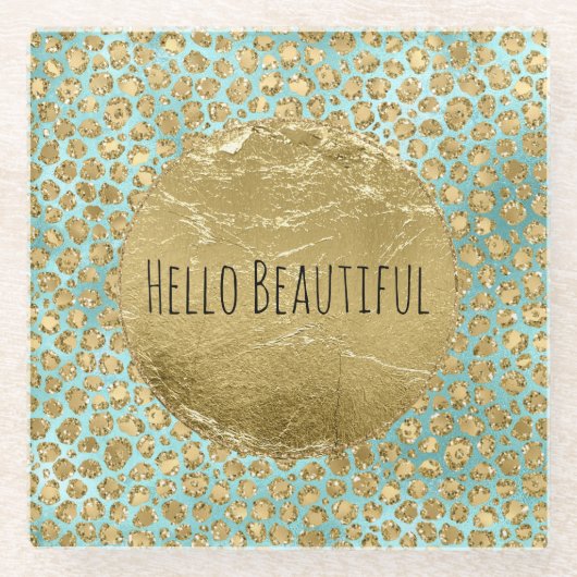 Aqua Mint Gold Glitz Glitzer Leopard Glasuntersetzer (Vorderseite)