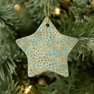 Aqua Mint Gold Glitz Glitzer Leopard Keramik Ornament