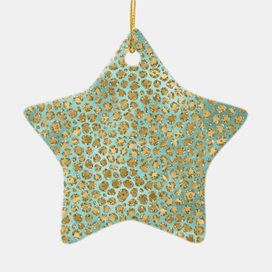 Aqua Mint Gold Glitz Glitzer Leopard Keramik Ornament (Vorne)