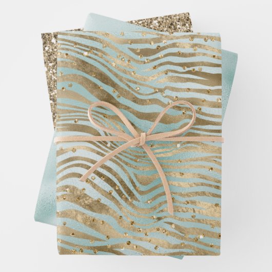 Aqua Mint Gold Glitz Sparkle Zebra Print Geschenkpapier Set (Beispiel)