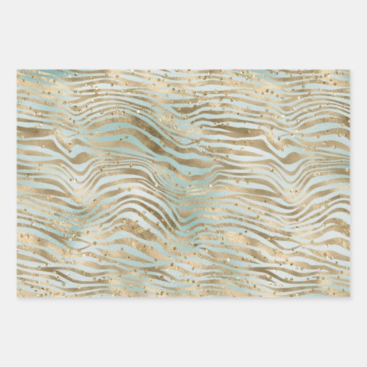 Aqua Mint Gold Glitz Sparkle Zebra Print Geschenkpapier Set (Vorderseite)