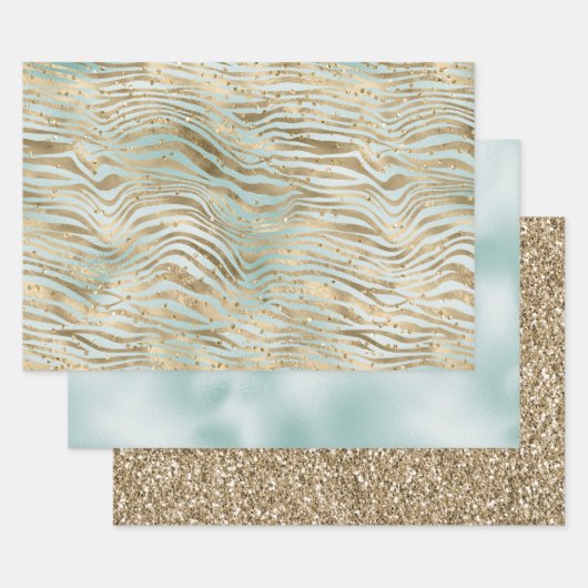 Aqua Mint Gold Glitz Sparkle Zebra Print Geschenkpapier Set (Set)