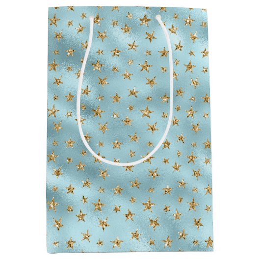 Aqua Mint Gold Glitzer Stars Mittlere Geschenktüte (Vorderseite)
