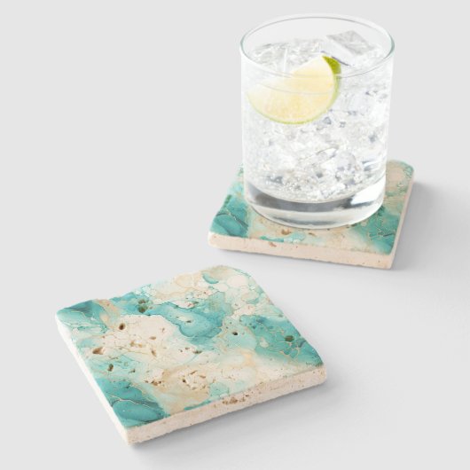 Aqua Mint Gold Weißer Marmor Steinuntersetzer (Seitenansicht)