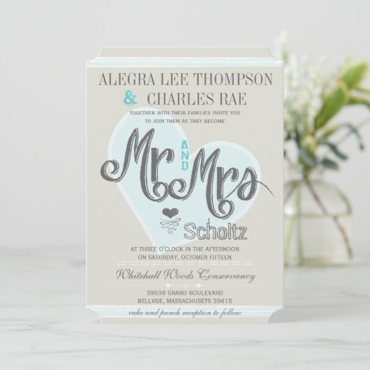 Aqua Mint Mr. and Mrs Romantic Weddings Einladung (Stehend Vorderseite)