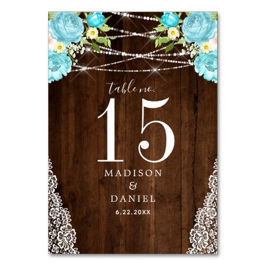 Aqua Mint Rustic Holz String Lichter Blumenzange Tischnummer (Rückseite)