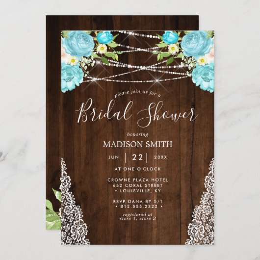 Aqua Mint Rustic String Light Floral Brautparty Einladung (Vorne/Hinten)