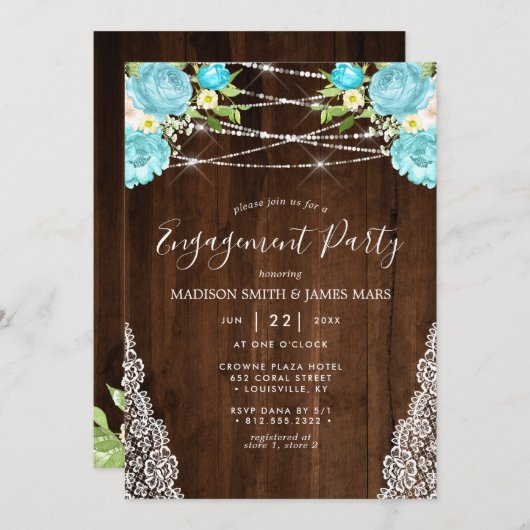 Aqua Mint Rustic String Lights Verlobung Einladung (Vorne/Hinten)