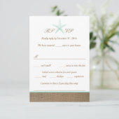 Aqua Mint Starfish Burlap Beach Hochzeitungs-RSVP RSVP Karte (Stehend Vorderseite)