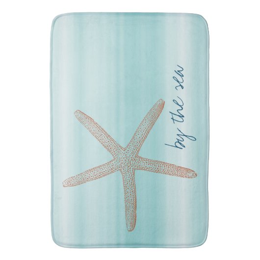 Aqua Mint White Beach Vibes Starfish Badematte (Vorderseite Vertikal)
